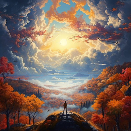 Clear autumn sky with bronze arm pointing towards people Clear autumn sky with bronze arm pointing towards people