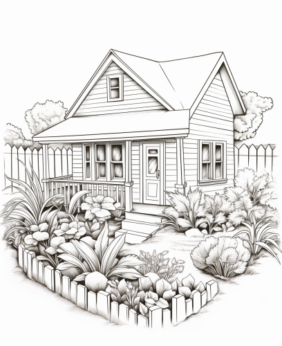 Coloring Book: Cottage House with Vegetable Garden