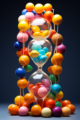 Colorful bouncing balls in sandglass collage Colorful bouncing balls in sandglass collage