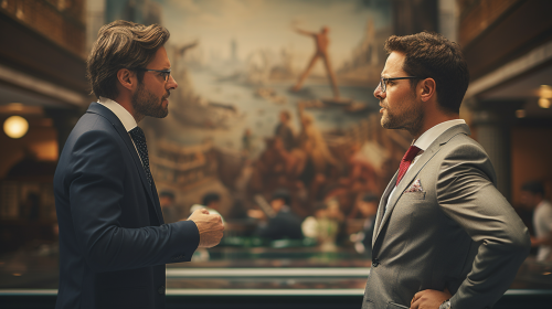 Image of a confused businessman arguing indoors