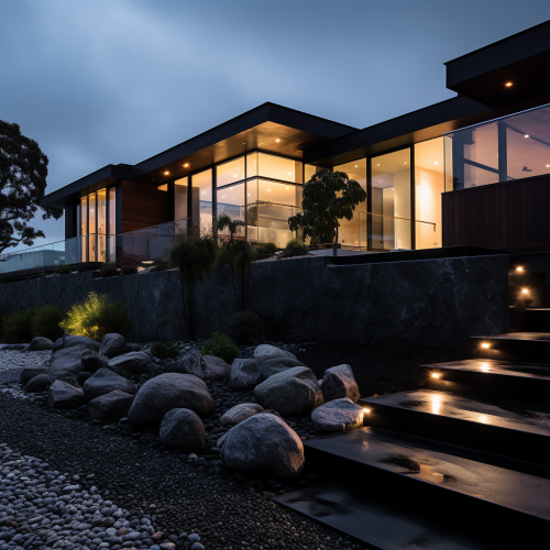 Contemporary modern house with black decorative rocks Contemporary modern house with black decorative rocks
