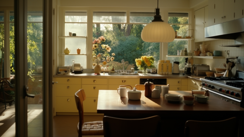 Modern suburban kitchen with Sofia Coppola film aesthetic