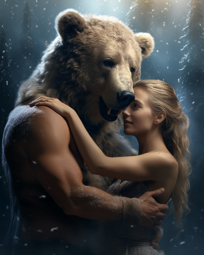 Couple Embracing Bear Magical Setting Couple Embracing Bear Magical Setting