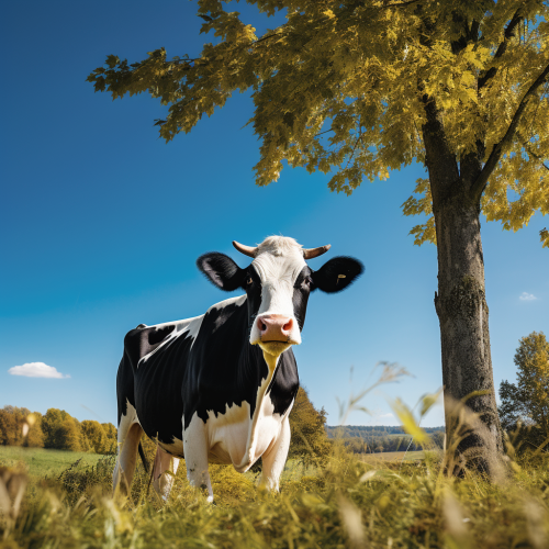 Cow on Grassfield with Blue Sky and Trees Cow on Grassfield with Blue Sky and Trees