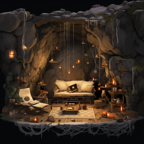 Cozy cave with fire lanterns