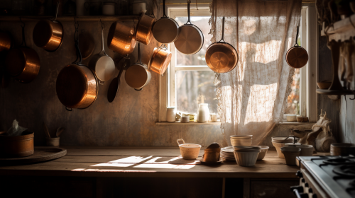 Cozy Rustic Kitchen with Vintage Copper Pots Cozy Rustic Kitchen with Vintage Copper Pots