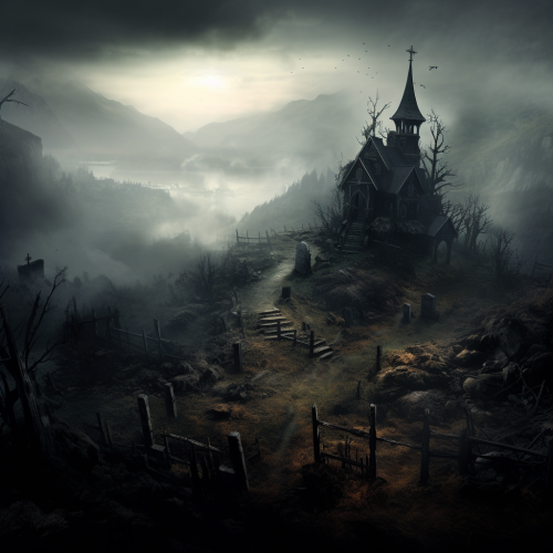 Creepy house on hill surrounded by graveyard