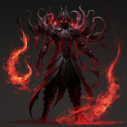 Crimson male devil with shadow-infused fabrics and black fire  ??