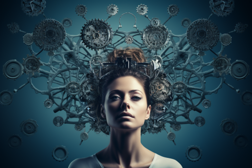 Woman deeply thinking with gears and arrows Woman deeply thinking with gears and arrows