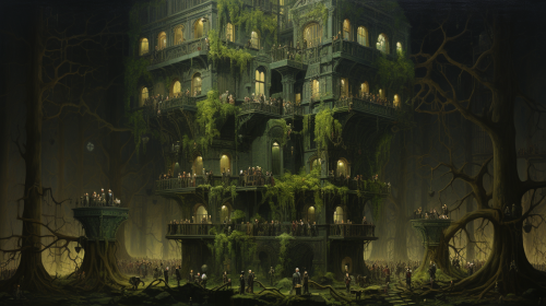 Crowded Arborium with Well-Dressed Cyborg Visitors Crowded Arborium with Well-Dressed Cyborg Visitors