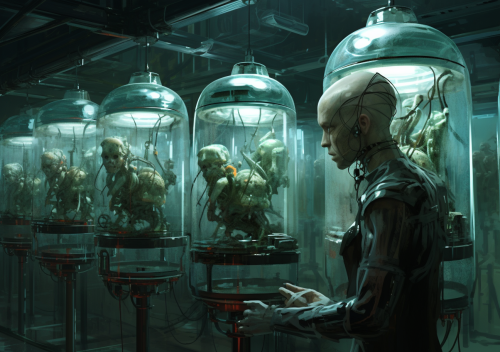 Cyberpunk laboratory human experiment with open skulls Cyberpunk laboratory human experiment with open skulls