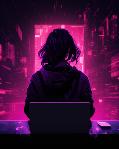 Neon cyberpunk laptop hologram of a female silhouette Neon cyberpunk laptop hologram of a female silhouette