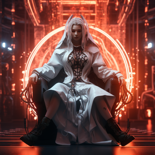 Cyberpunk bountyhunter on throne with neon lights Cyberpunk bountyhunter on throne with neon lights