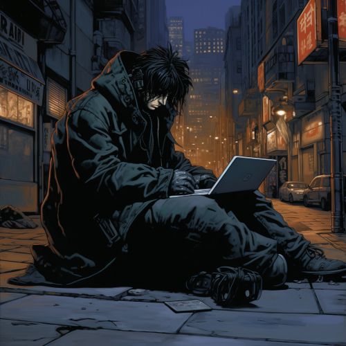 Cyberpunk hacker working on laptop Cyberpunk hacker working on laptop