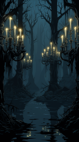 Mysterious forest with floating candelabras Mysterious forest with floating candelabras