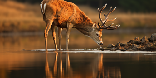 Deer drinking water with reflection in serene nature Deer drinking water with reflection in serene nature