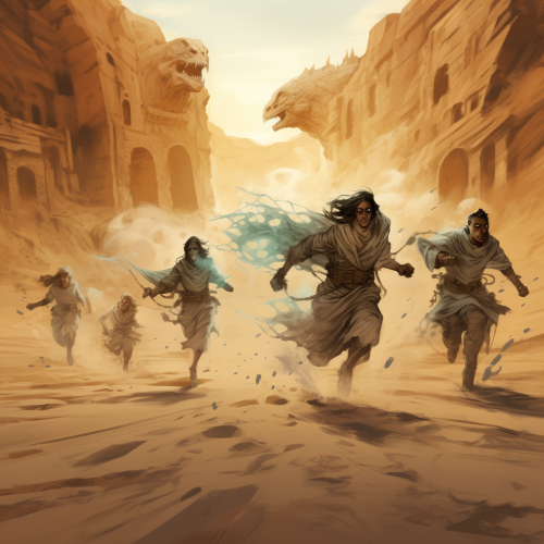 Adventurers running from chasing monsters in desert ruins Adventurers running from chasing monsters in desert ruins