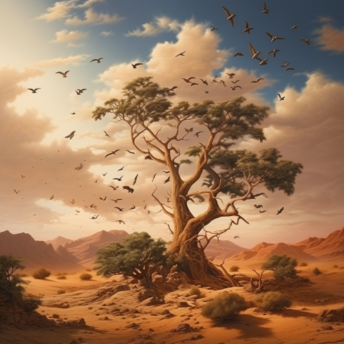Beautiful desert tree with flying birds Beautiful desert tree with flying birds