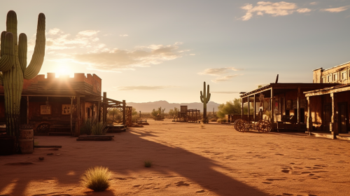 Photorealistic sunrise in a Mexican town with cactus and saloon Photorealistic sunrise in a Mexican town with cactus and saloon