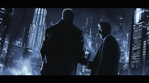 Detective handing cylinder to crime boss Detective handing cylinder to crime boss