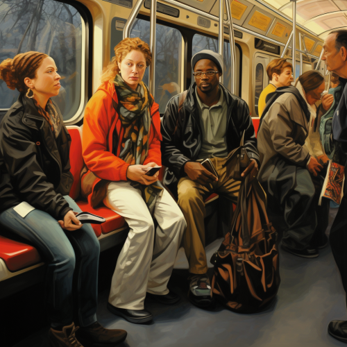 Diverse transit riders in urban setting Diverse transit riders in urban setting