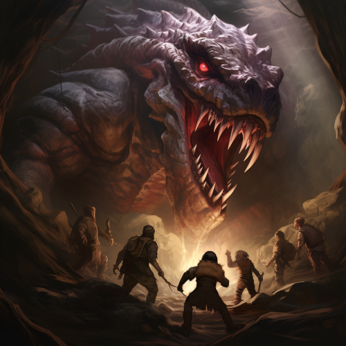 Adventurers facing horrifying sandworm monstrosity Adventurers facing horrifying sandworm monstrosity