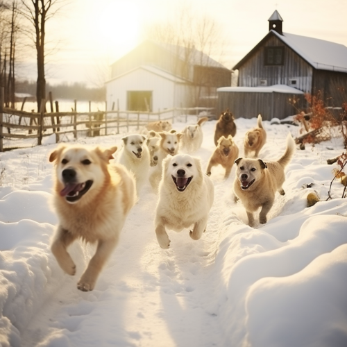 Dogs playing in winter on farm Dogs playing in winter on farm