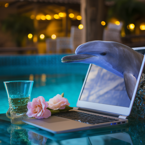Dolphin enjoys laptop and tropical drink