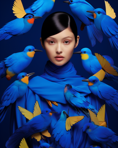 Woman with Blue Birds in Dreamlike Composition