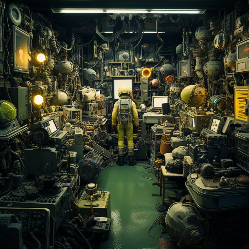 Old dusty storage room with technology hoard Old dusty storage room with technology hoard