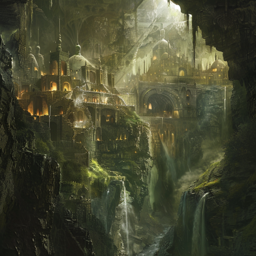 Dark cave with waterfall and moss Dark cave with waterfall and moss