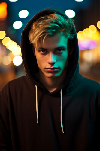 Teenager in black Adidas hoodie under neon lights