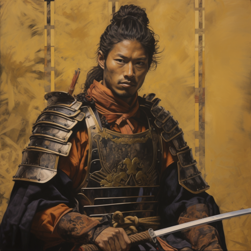 Emotional samurai holding fan and katana