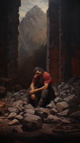 Drained oil painting of empire castle built with stones