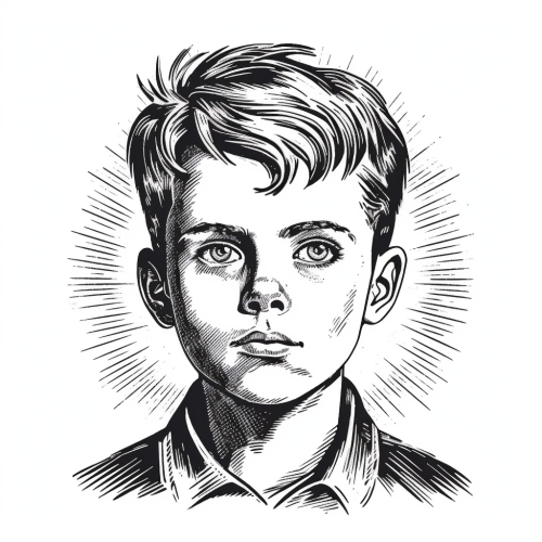 Minimalist engraved boy portrait on white background