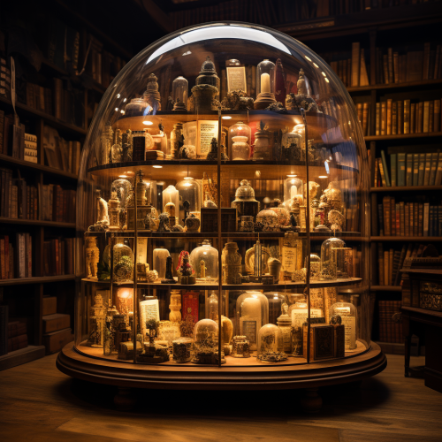 Everyday objects under glass bell in cozy bookshop