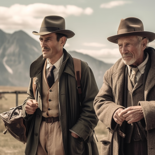 two gentlemen explorers with cell phone two gentlemen explorers with cell phone