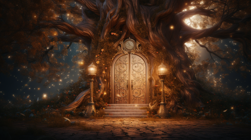 Realistic fairy door in golden wood