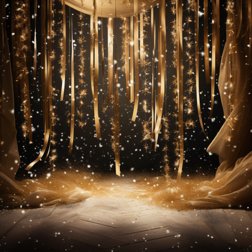 Gold streamers with snow crystal falling gracefully Gold streamers with snow crystal falling gracefully