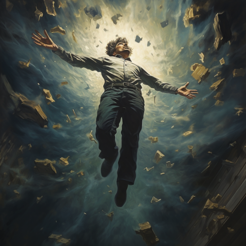 Falling man in separate pieces