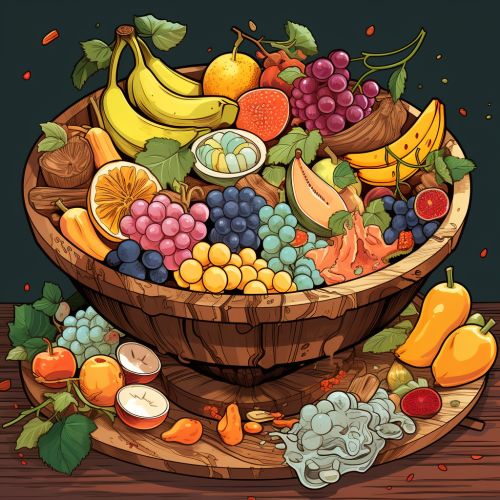 Exotic fruits in wooden bowl illustration Exotic fruits in wooden bowl illustration