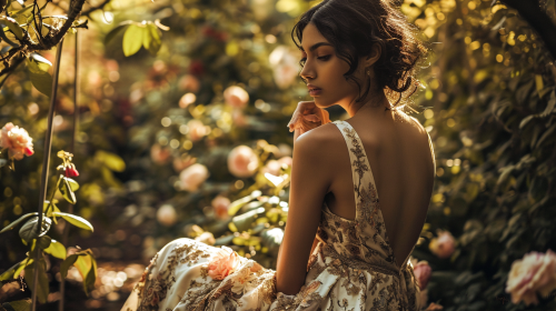 Hispanic female model in ethereal gown among flowers Hispanic female model in ethereal gown among flowers