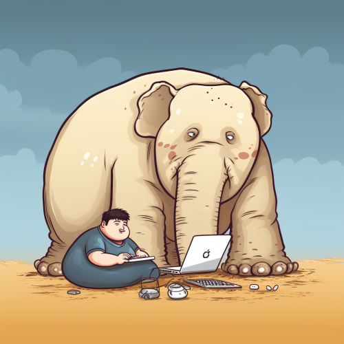 Miserable fat software engineer leaning on elephant bones Miserable fat software engineer leaning on elephant bones