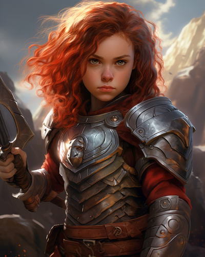 Brave female halfling in armor with sword and shield