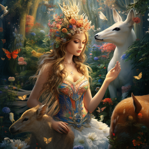 Princess in enchanted forest with animals and fairies Princess in enchanted forest with animals and fairies
