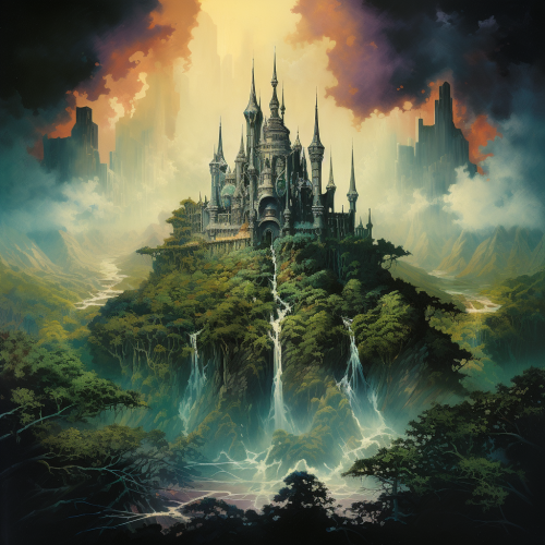 Dark fantasy book cover with floating island castle Dark fantasy book cover with floating island castle