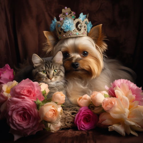 Cute Yorkshire Terrier and Persian Kitten With Flower Crowns Cute Yorkshire Terrier and Persian Kitten With Flower Crowns