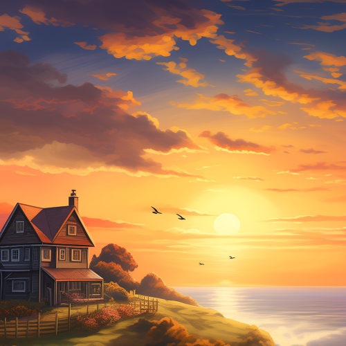 Sunset over Flower Field and Small House