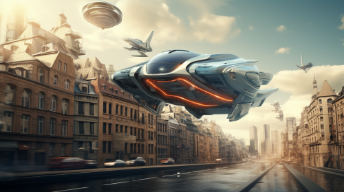 Flying car in cityscape Flying car in cityscape