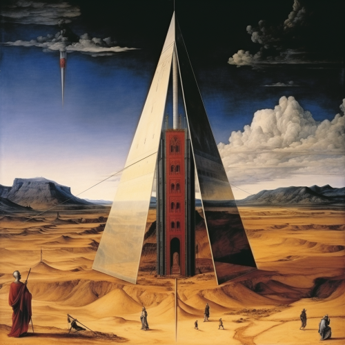 Abstract painting of a flying pyramid in the desert